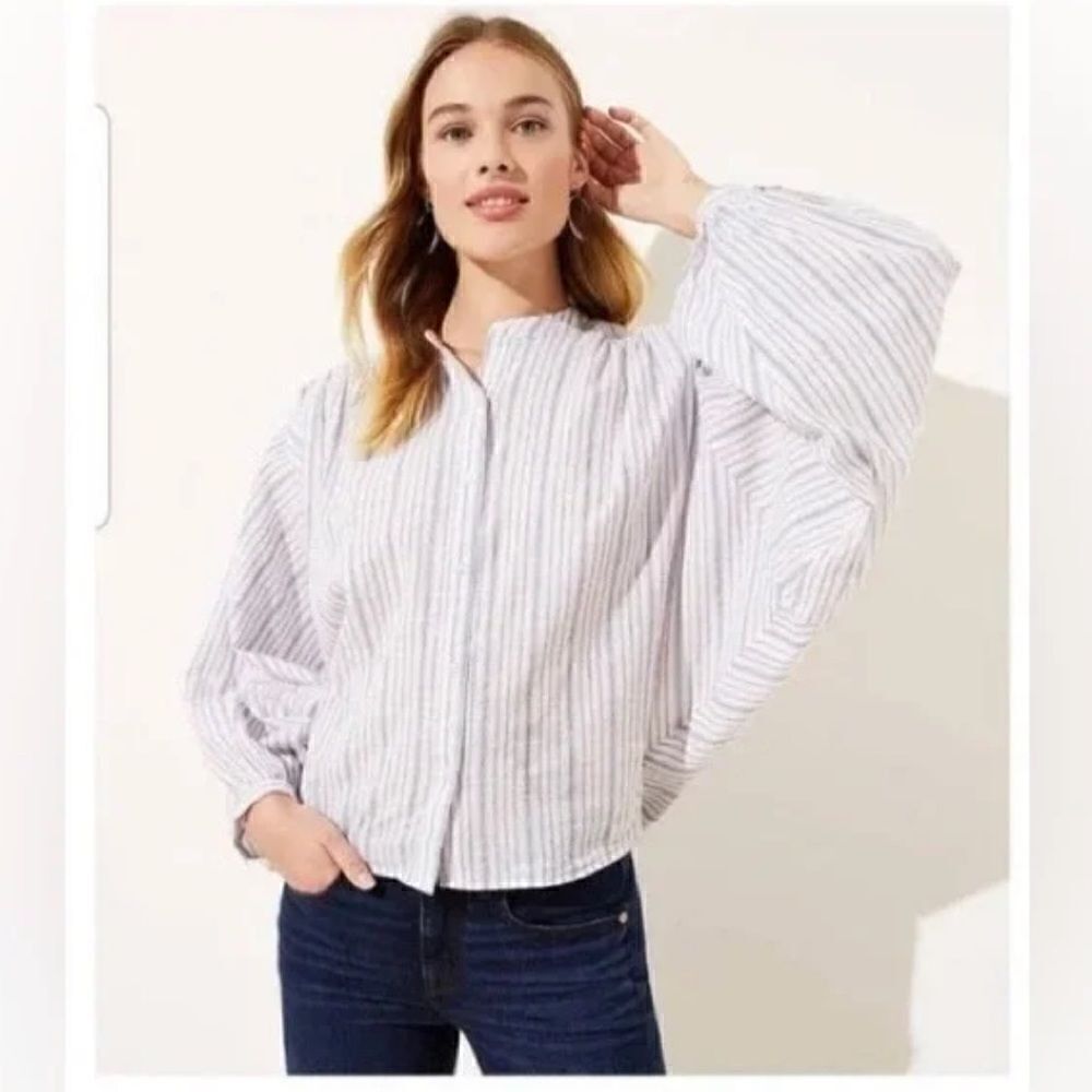 Loft Oversized Puff Sleeve Round Hem Button Up Blouse